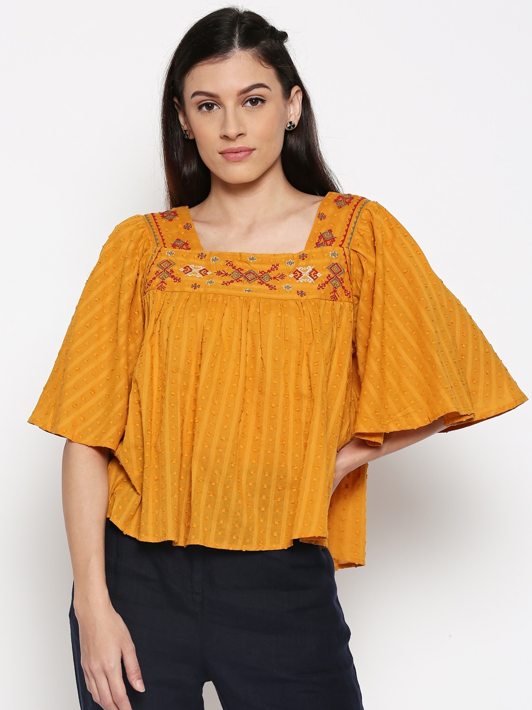 

People Women Mustard Yellow Self Design A-Line Top