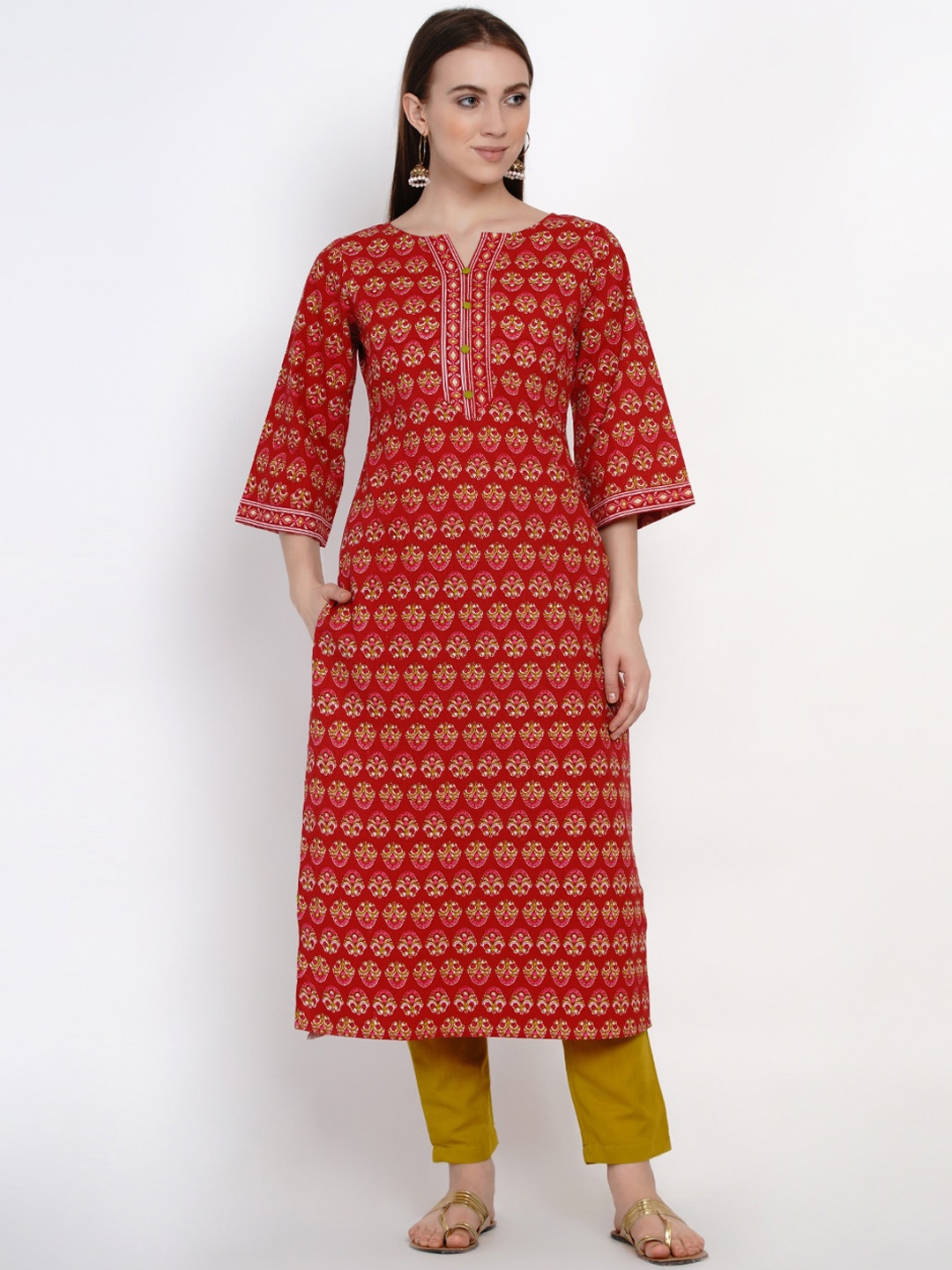 

Yuris Women Red & Green Printed Straight Kurta