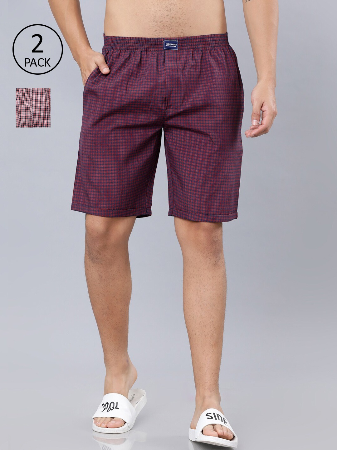 HIGHLANDER Men Pack of 2 Navy Blue & Red Checked Lounge Shorts