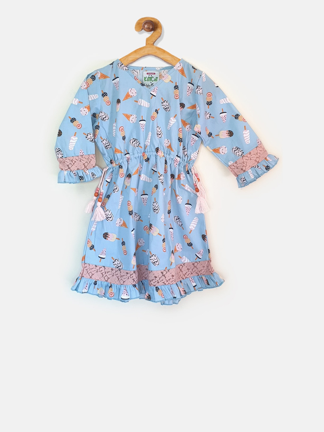 

The Kaftan Company Girls Blue & Peach Coloured Icecream Party Printed Knee Length Nightdress