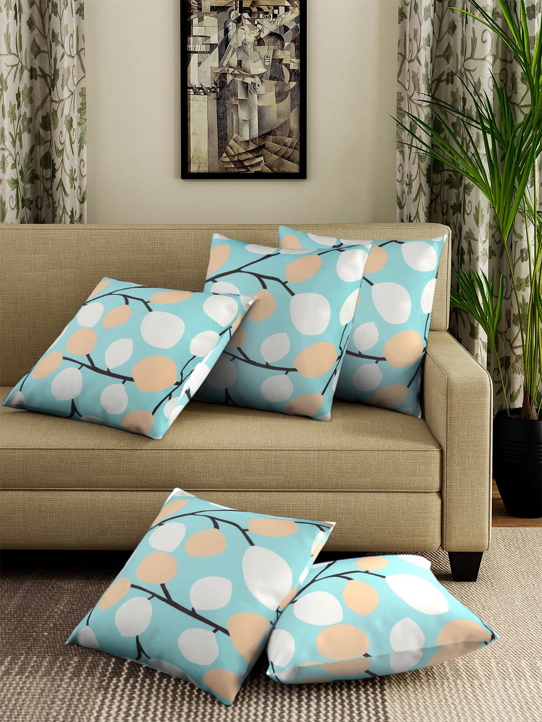 

Cortina Blue & White Set of 5 Floral Square Cushion Covers