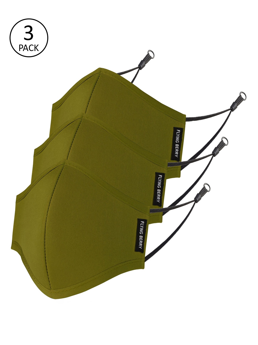 

FLYING BERRY Pack Of 3 Olive Green Solid 3-Ply Reusable Protective Outdoor Masks