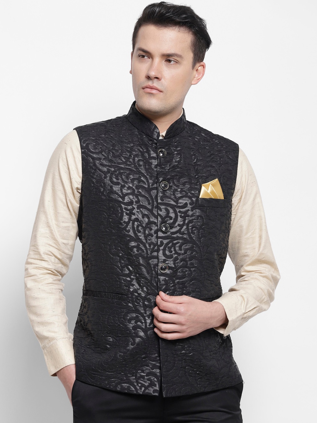 

LUXURAZI Men Black Woven Design Nehru Jacket