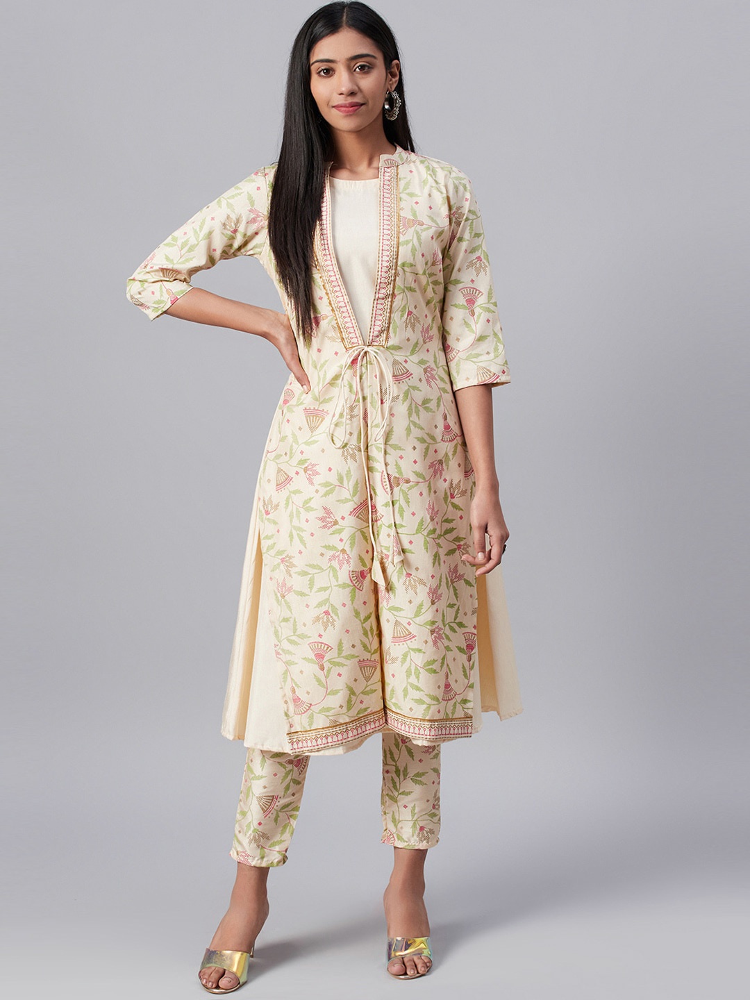 

ZIYAA Women Cream-Coloured Foil Printed A-Line Kurta