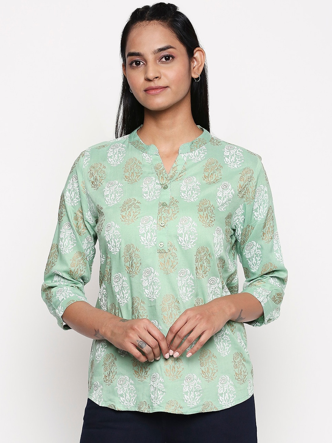 

People Women Green Printed Shirt Style Top