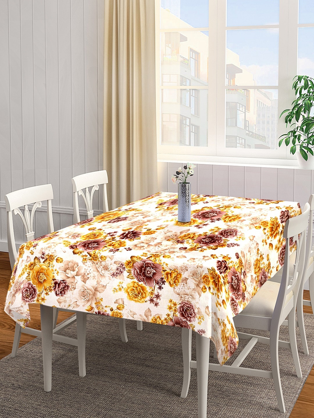 

KLOTTHE Off-White & Yellow Floral Print Rectangular Table Cover