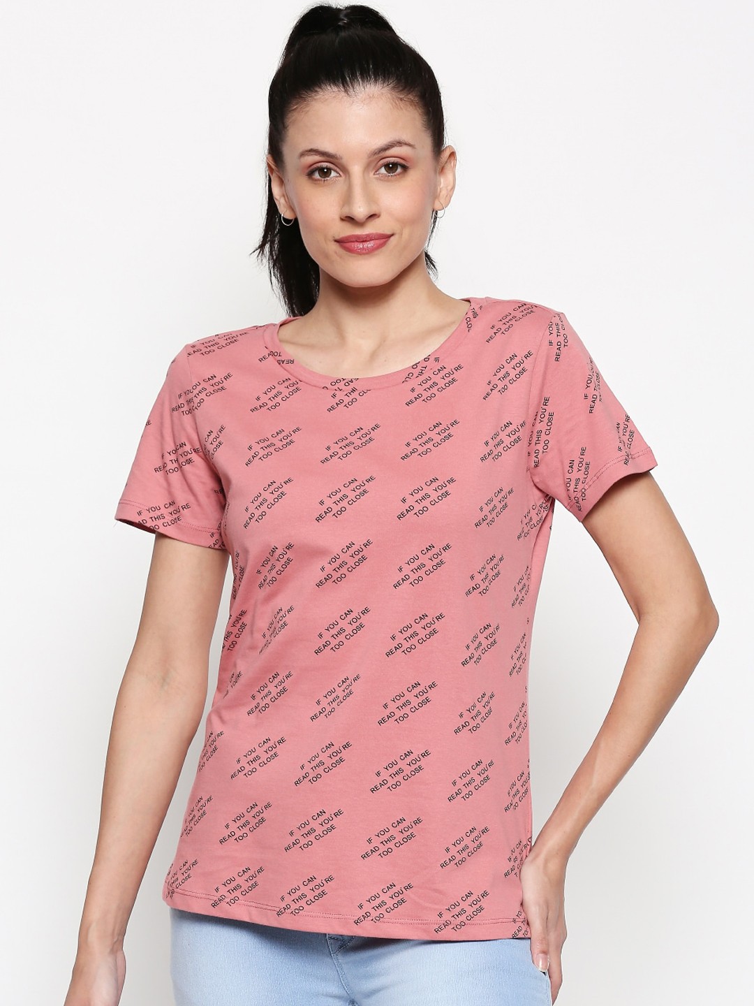 

Honey by Pantaloons Women Pink Printed Round Neck Pure Cotton T-shirt