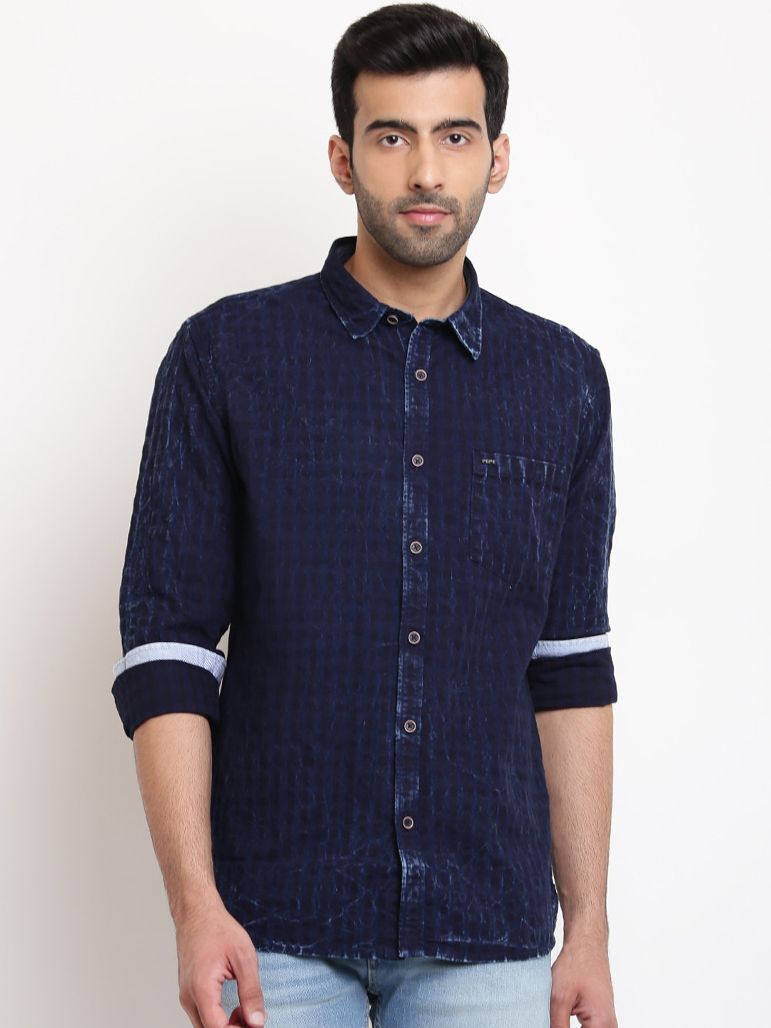 

Pepe Jeans Men Navy Blue Regular Fit Checked Casual Shirt
