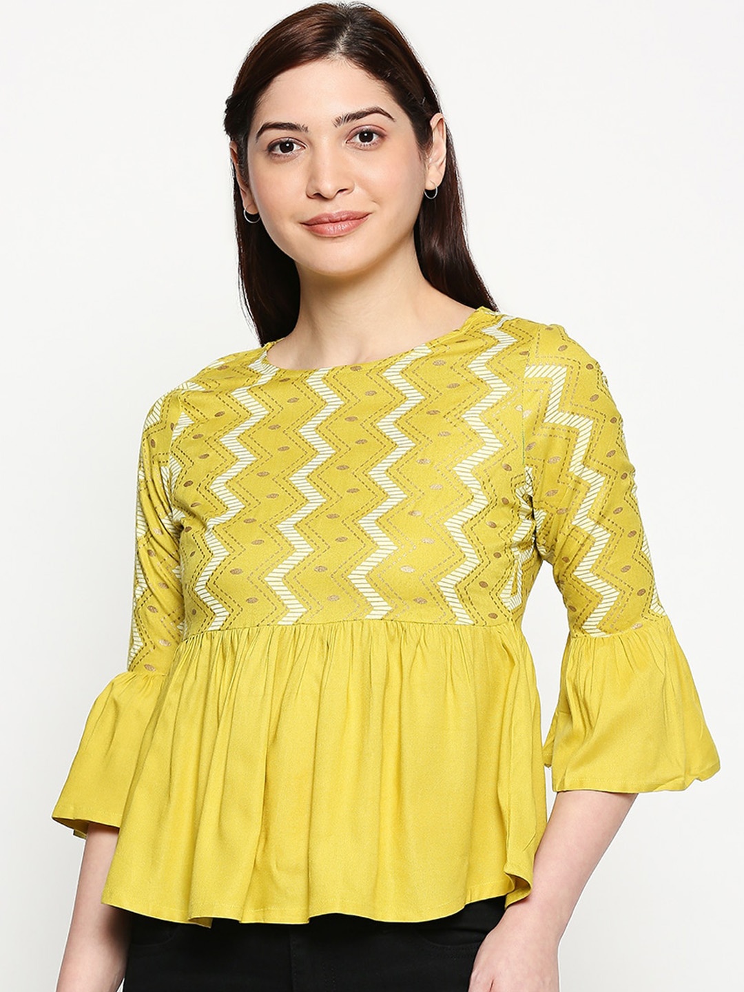 

People Women Lime Green Self Design Peplum Top