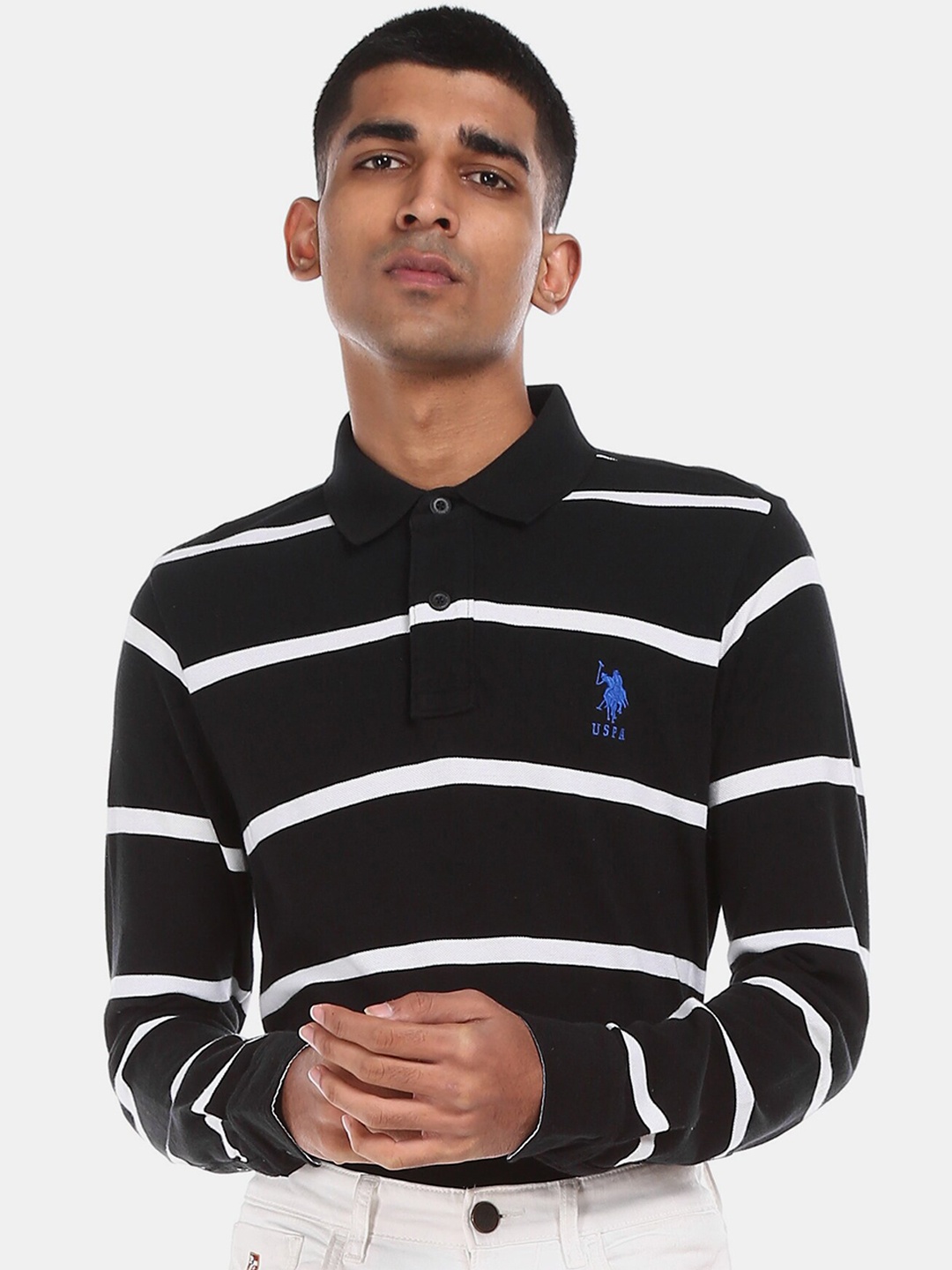 

U.S. Polo Assn. Men Black Striped Polo Collar Pure Cotton T-shirt