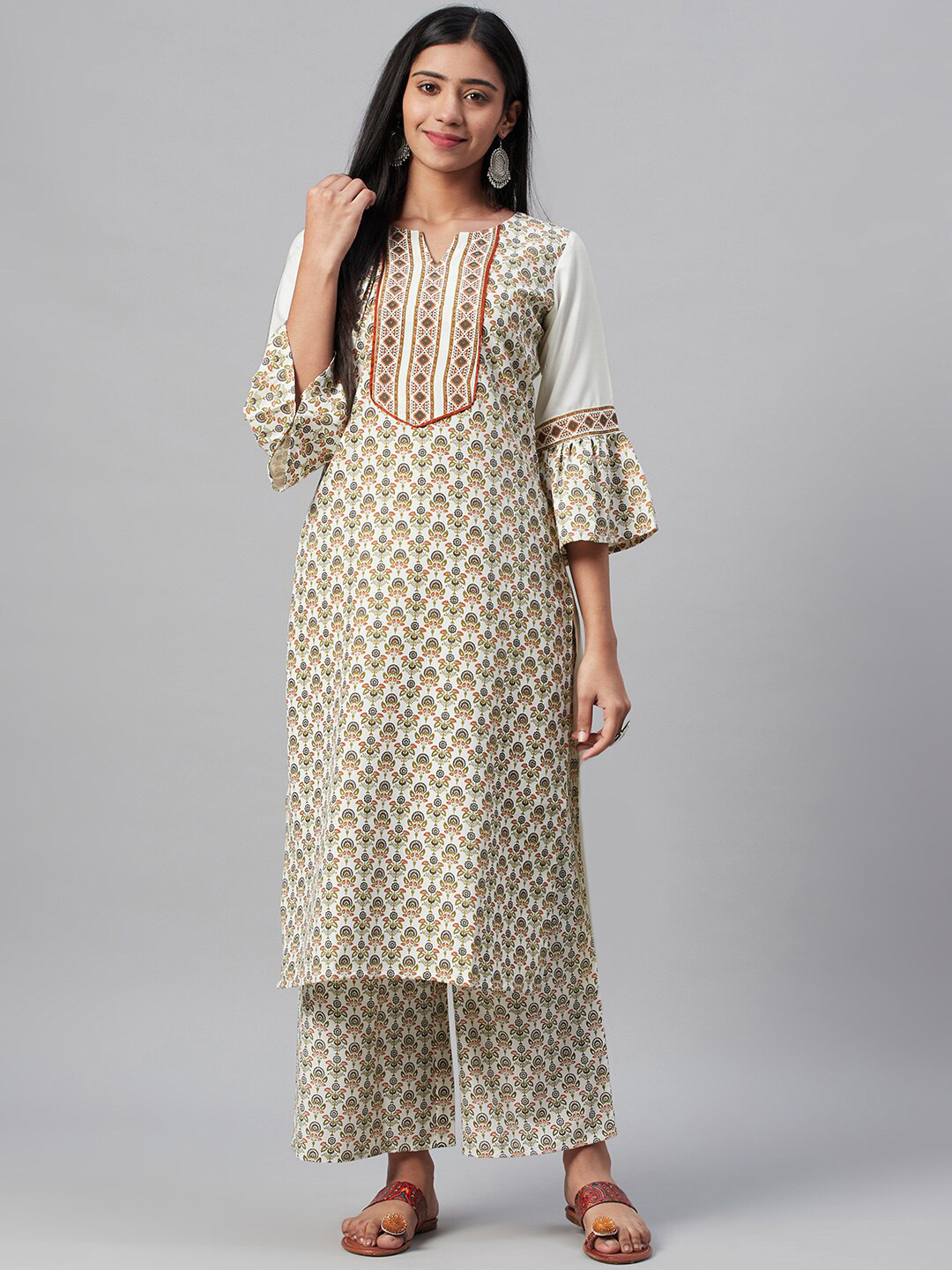 

ZIYAA Women Off-White & Brown Printed Straight Kurta