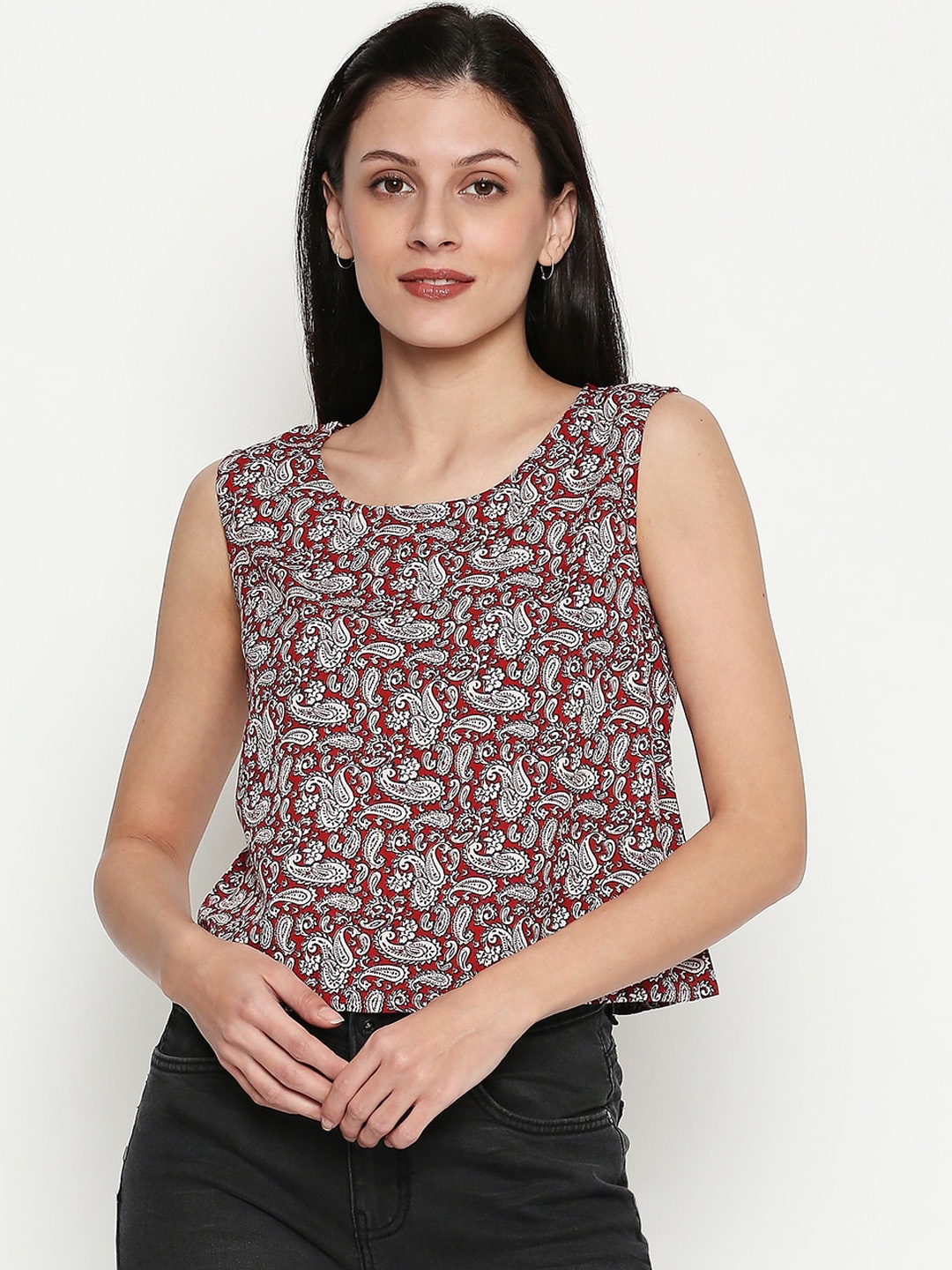

People Women Maroon & White Printed Top