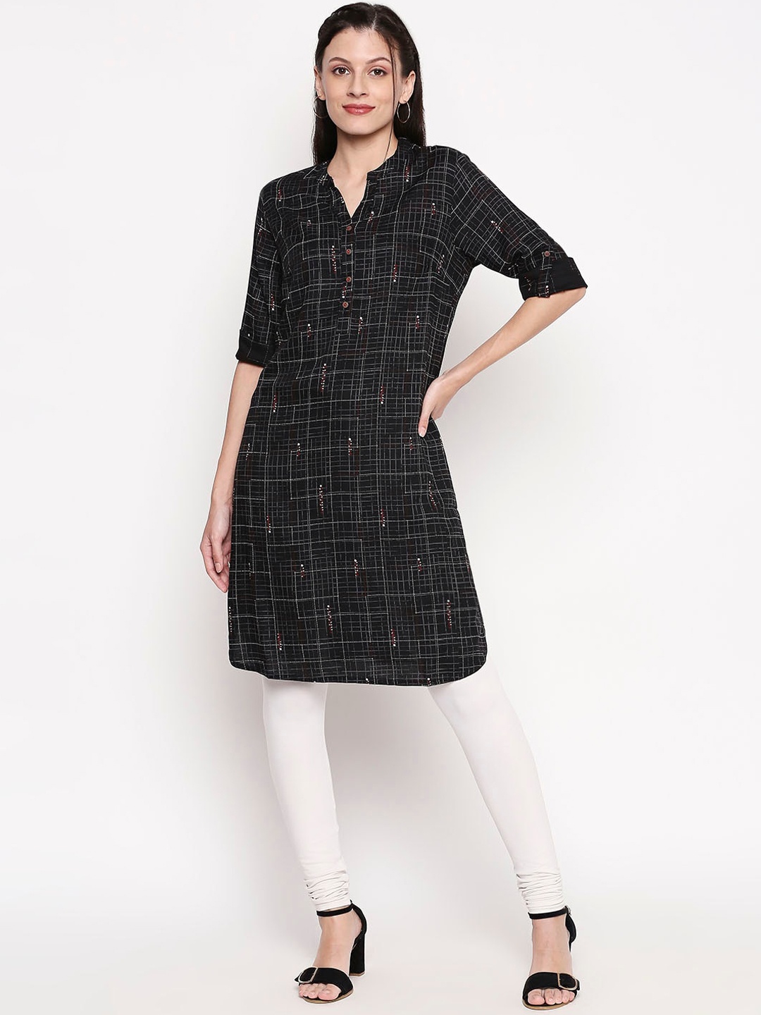 

RANGMANCH BY PANTALOONS Women Black Checked Straight Kurta