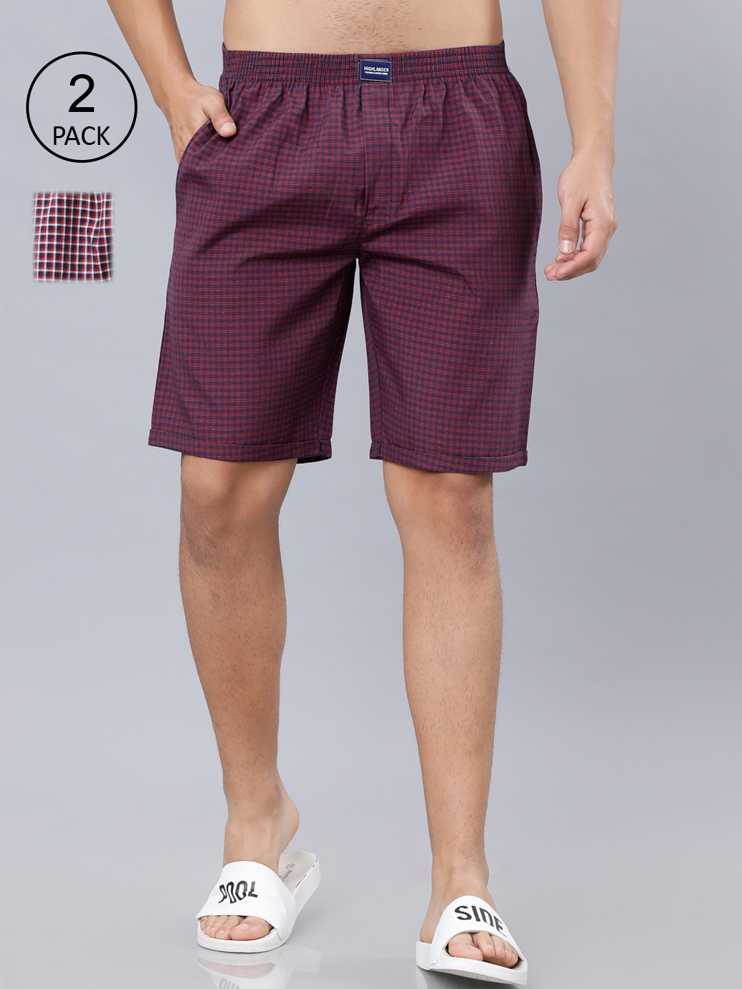HIGHLANDER Men Pack of 2 Red & Navy Blue Checked Lounge Shorts