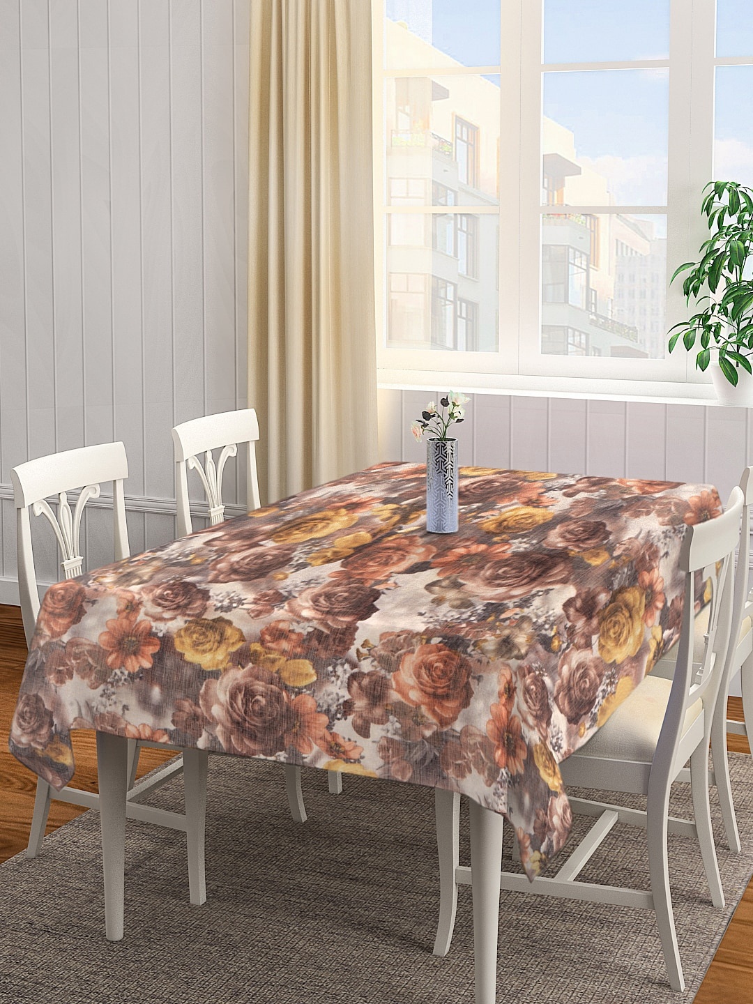 

KLOTTHE Brown & Off-White Floral-Printed Rectangle Table Cover