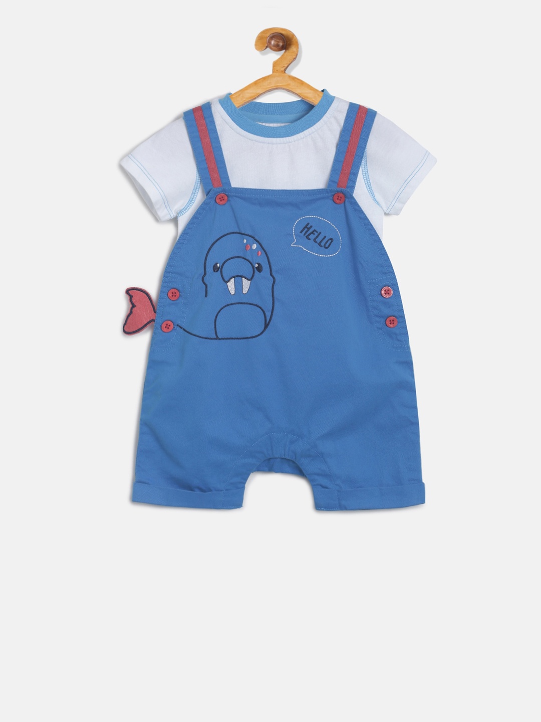 MINI KLUB Infant Boys Blue & White Solid Dungaree Set