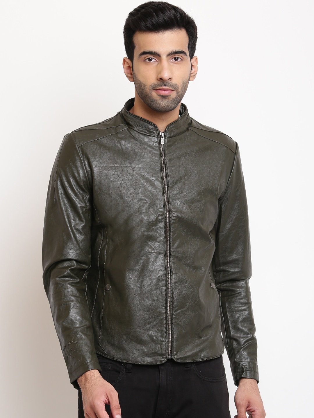

Pepe Jeans Men Olive Green Solid Biker Jacket