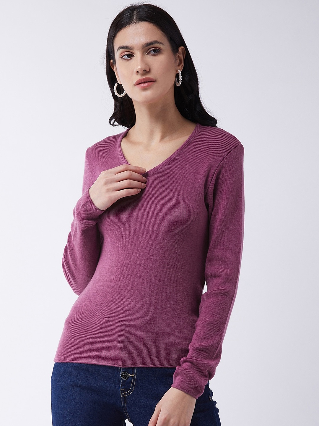 

RVK Women Pink Solid Ribbed Pullover Sweater