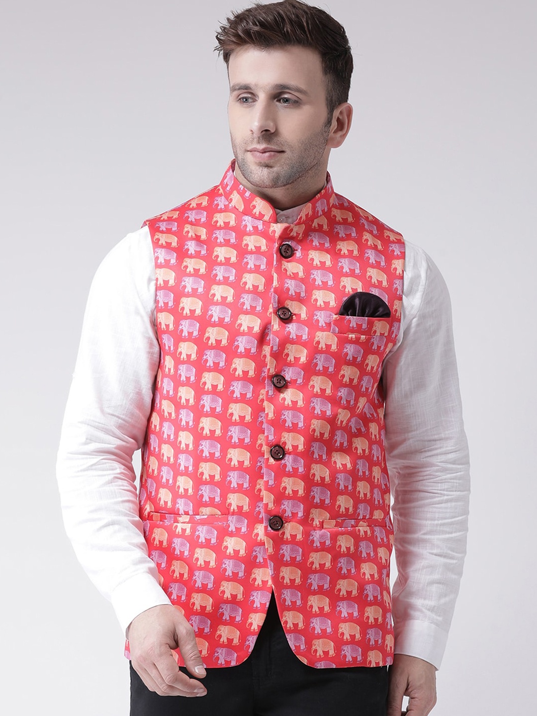 

Hangup Men Coral Red & Beige Printed Woven Nehru Jacket