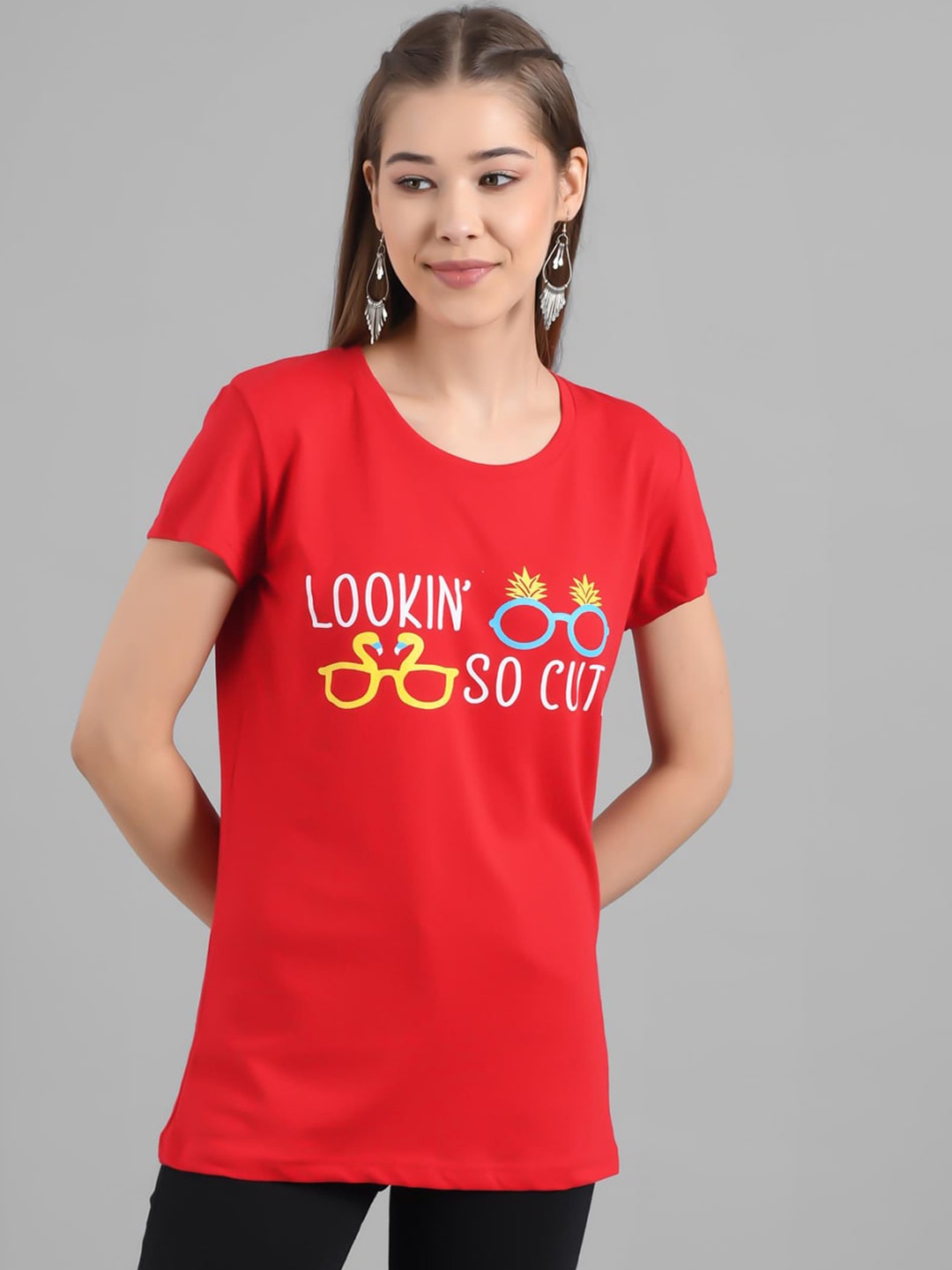 

Kotty Women Red Printed Round Neck T-shirt