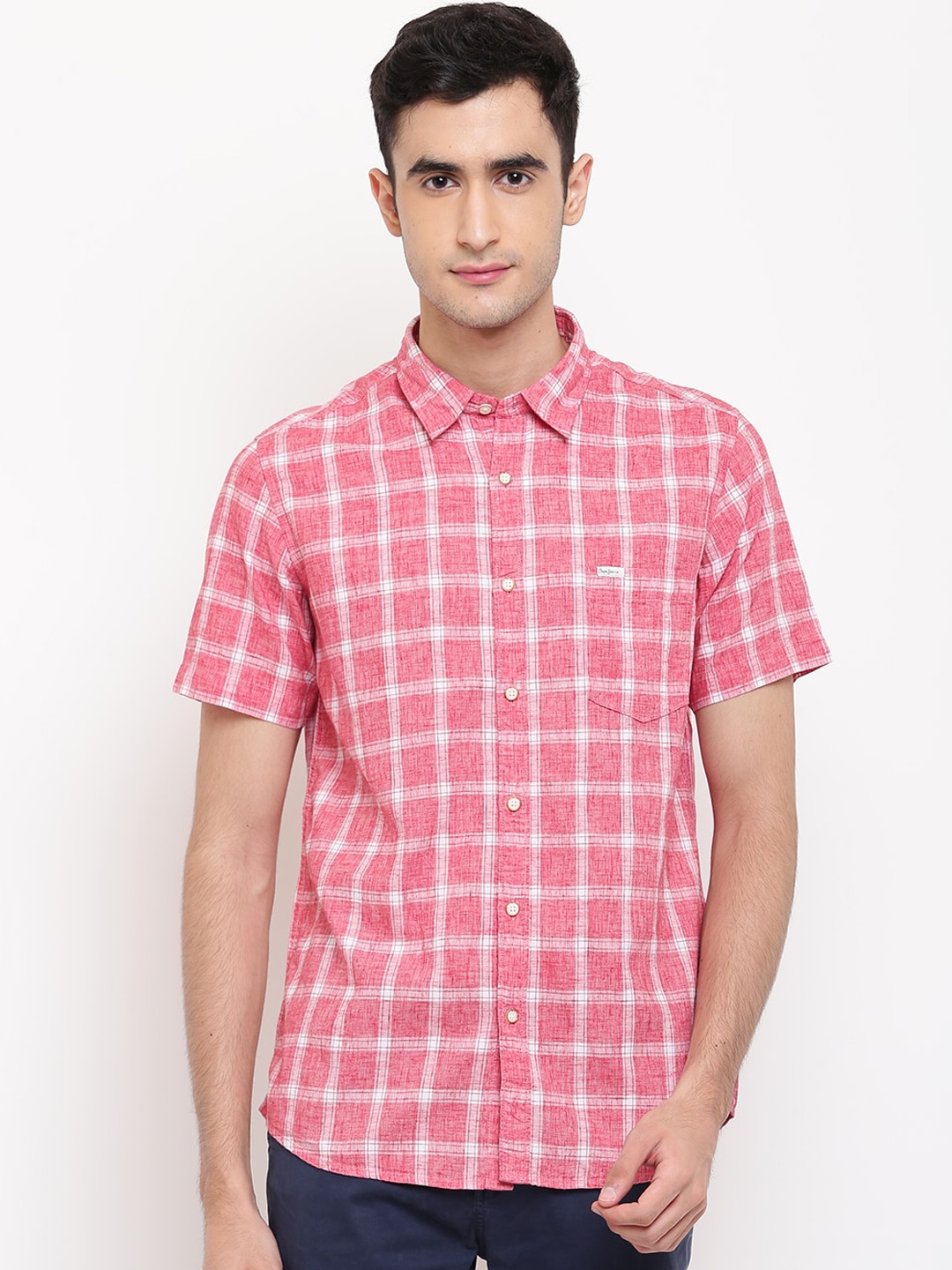 

Pepe Jeans Men Pink & White Regular Fit Checked Casual Shirt