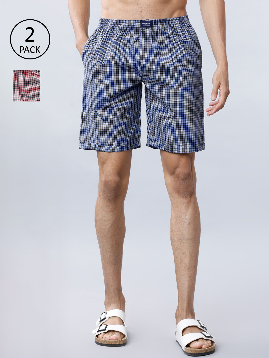 

HIGHLANDER Men Pack of 2 Blue & Red Checked Lounge Shorts