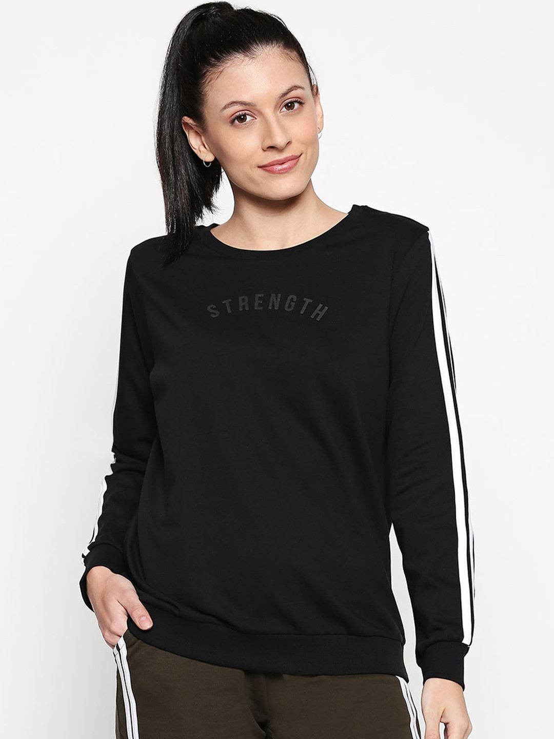 

Ajile by Pantaloons Women Black Solid Sweatshirt with Side Stripes