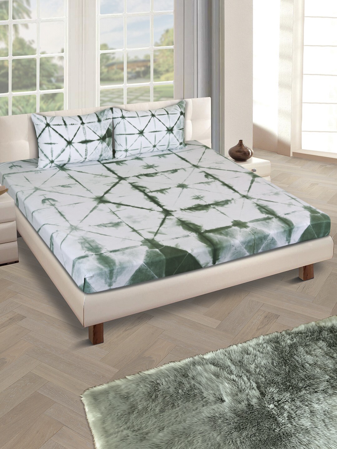 

ROME White & Green Tie & Dye Printed 300 TC Cotton Double Bedsheet with 2 Pillow Covers