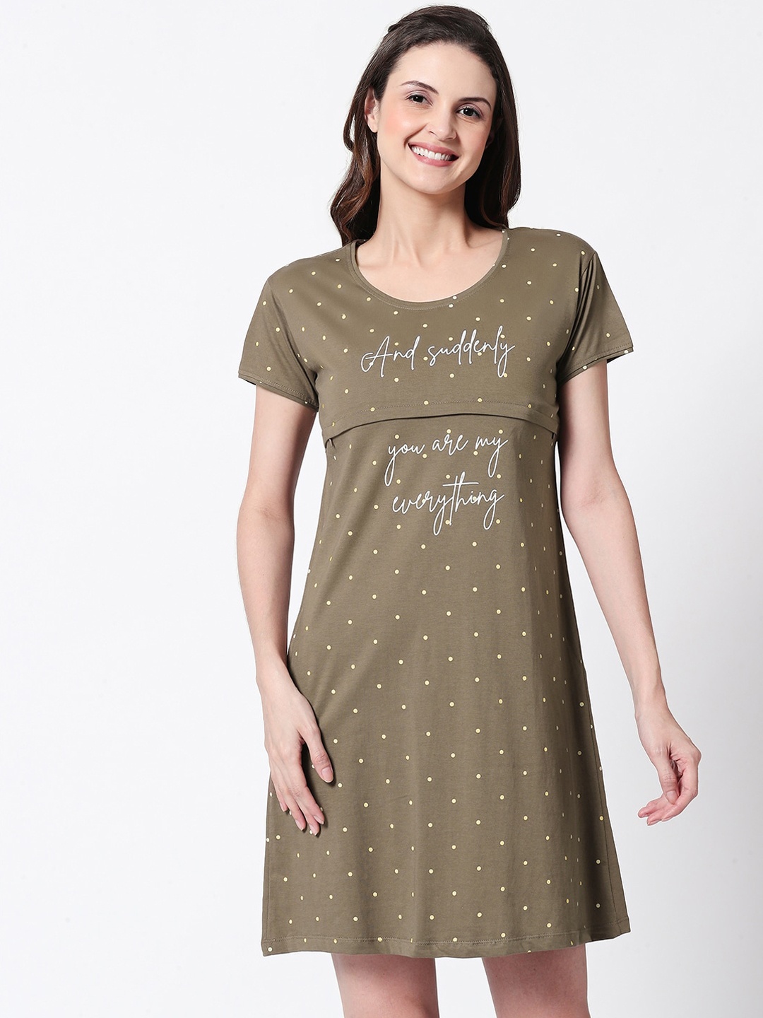 

Zeyo Olive Brown & Peach-Coloured Printed Nursing & Feeding Nightdress