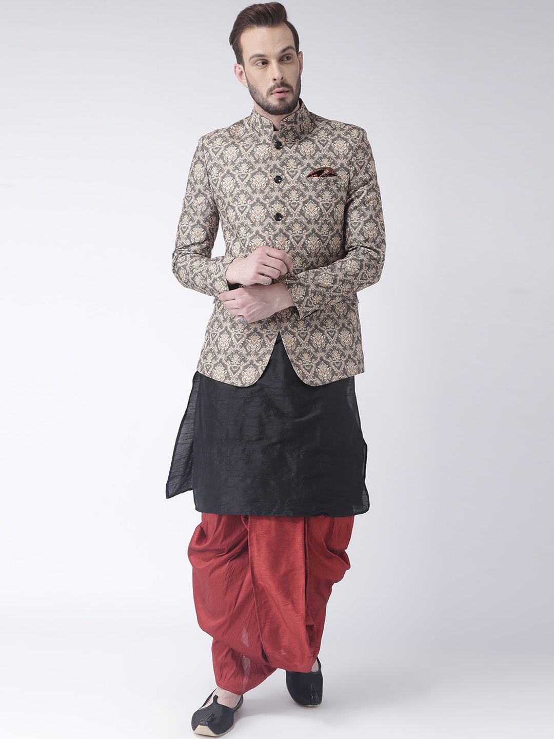 

Hangup Men Black Self Design Kurta with Dhoti Pants