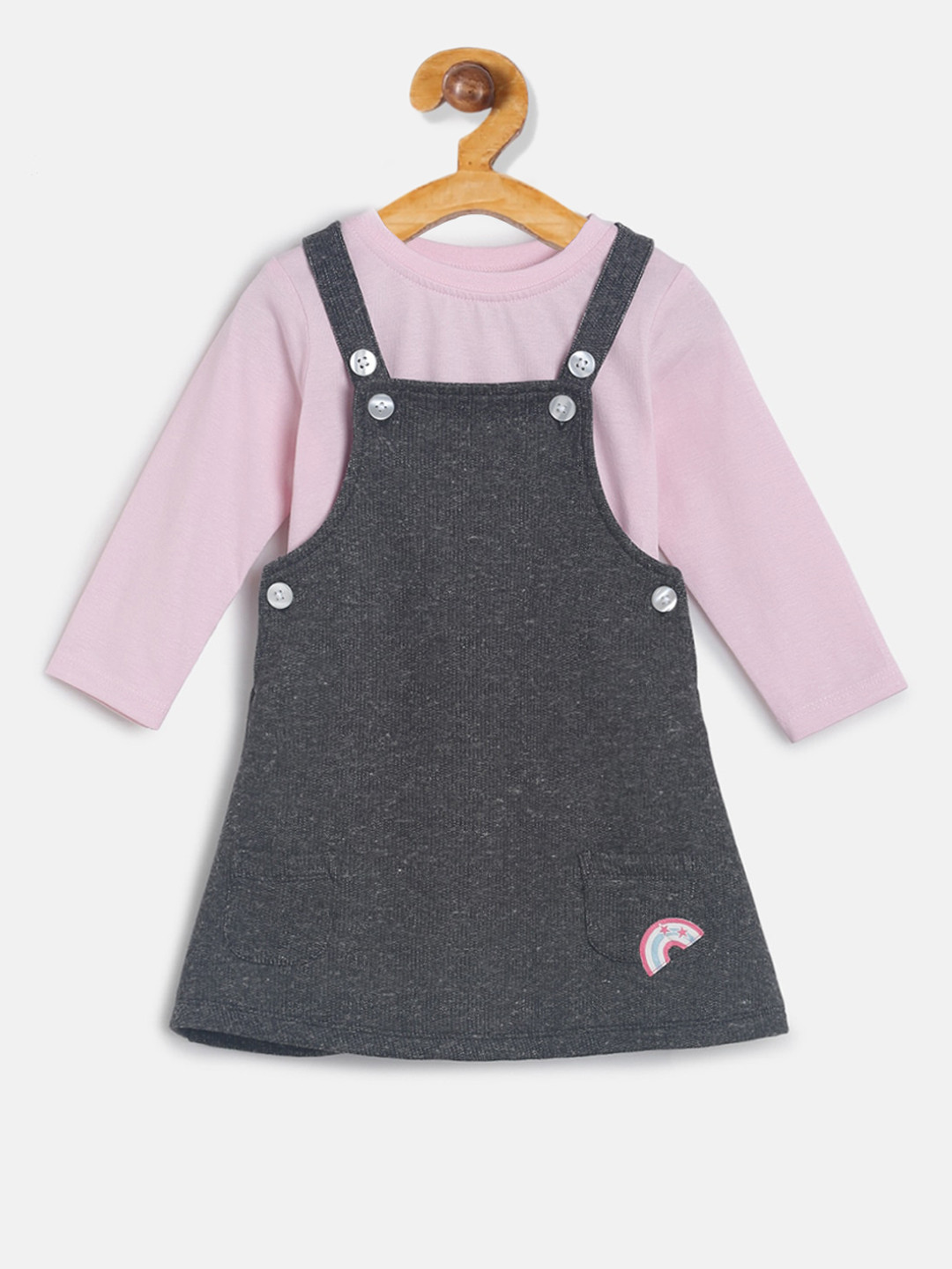 

MINI KLUB Girls Pink & Grey Solid T-Shirt With Pinafore