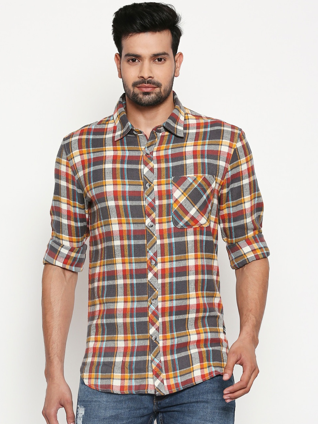 

People Men Yellow & Grey Slim Fit Checked Cotton Casual Shirt
