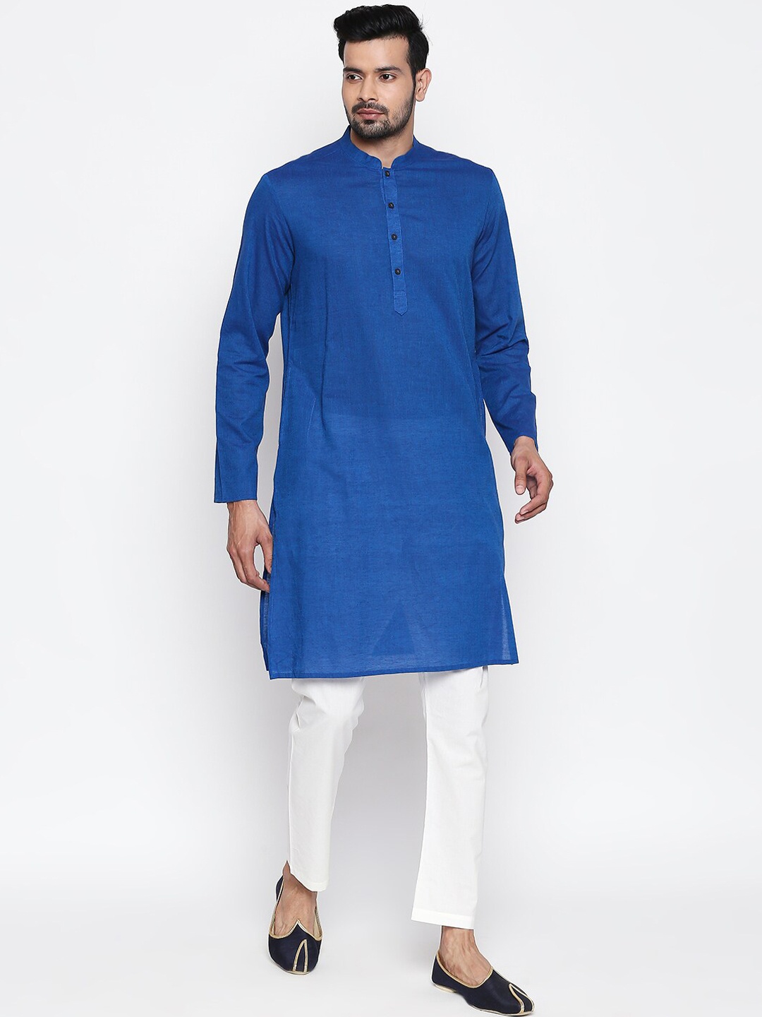 

indus route by Pantaloons Men Blue Solid Straight Pure Cotton Kurta