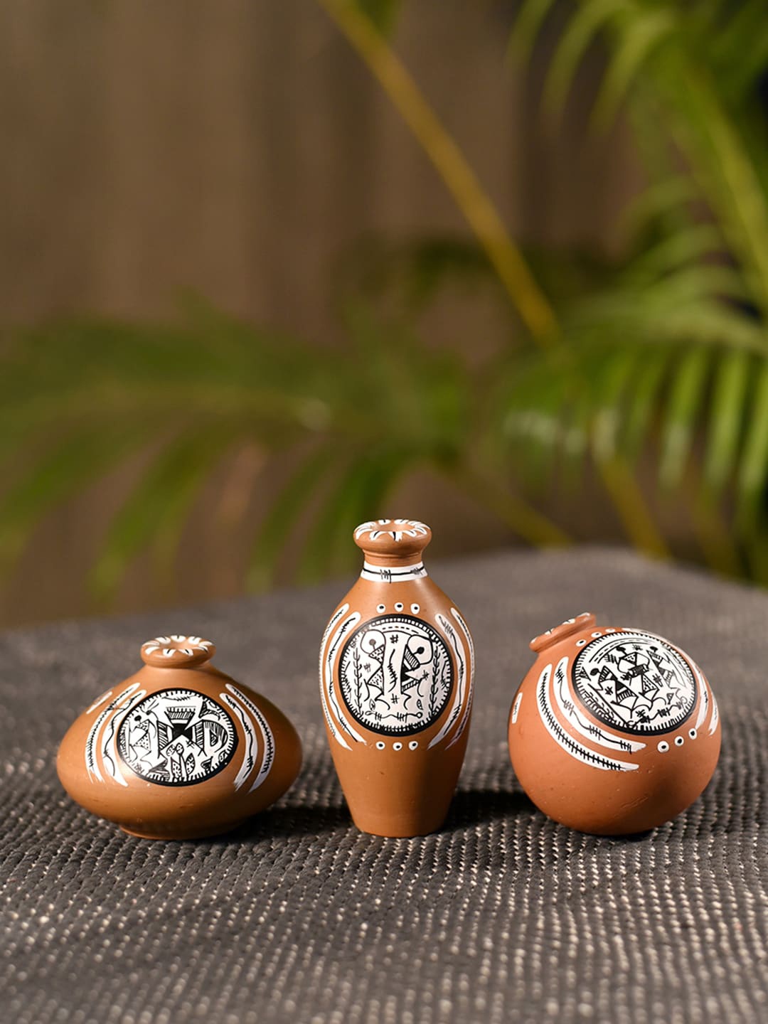

Unravel India Set of 3 Brown & Black Worli Hand-Painted Terracotta Vases