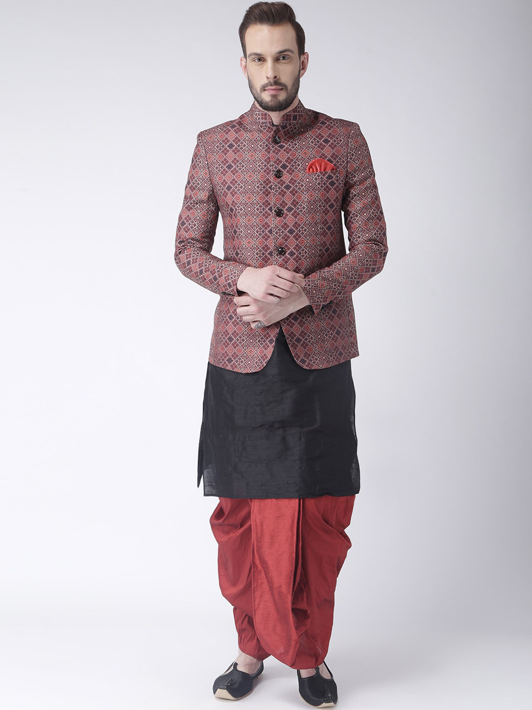 

Hangup Men Black & Red Solid Kurta with Dhoti Pants