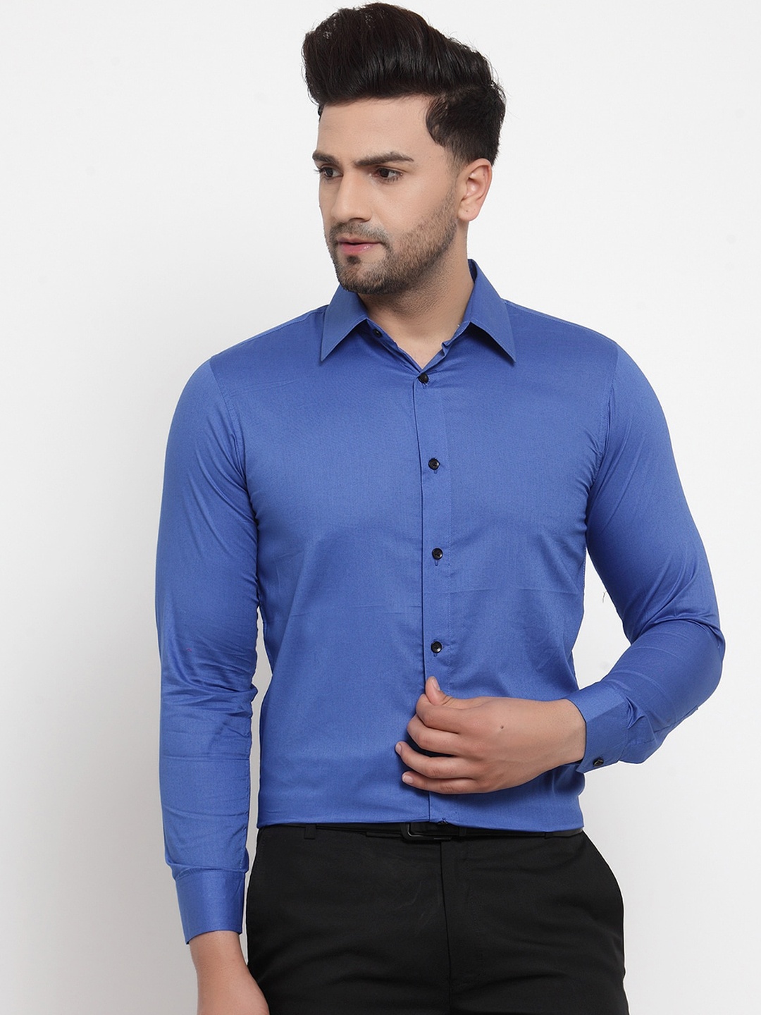 Purple State Men Blue Slim Fit Solid Semiformal Shirt