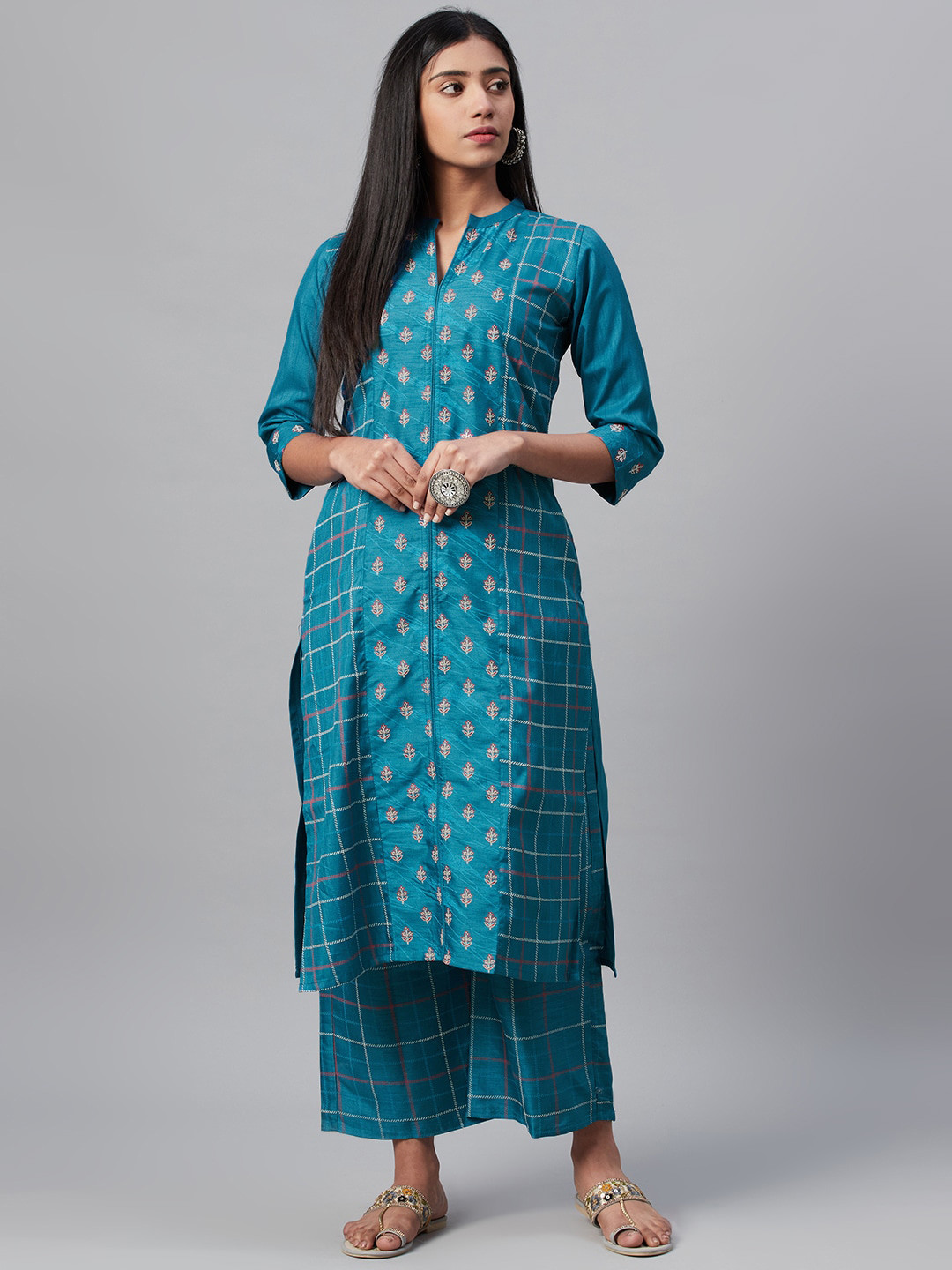 

ZIYAA Women Teal Blue Khari Print Straight Kurta