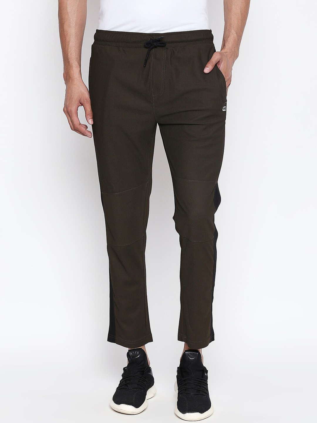 

Ajile by Pantaloons Men Olive Green & Black Solid Slim Fit Track Pants