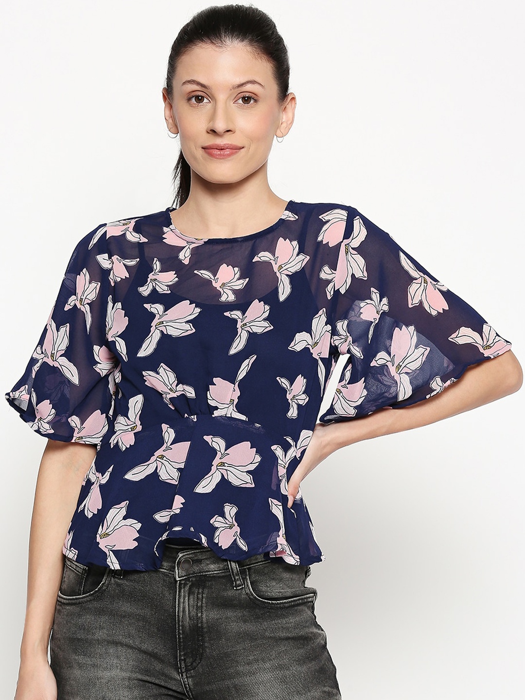 

People Women Navy Blue Floral Printed Top