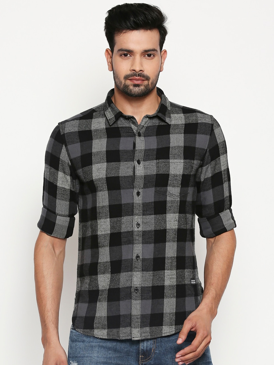 

People Men Grey Slim Fit Checked Cotton Casual Shirt
