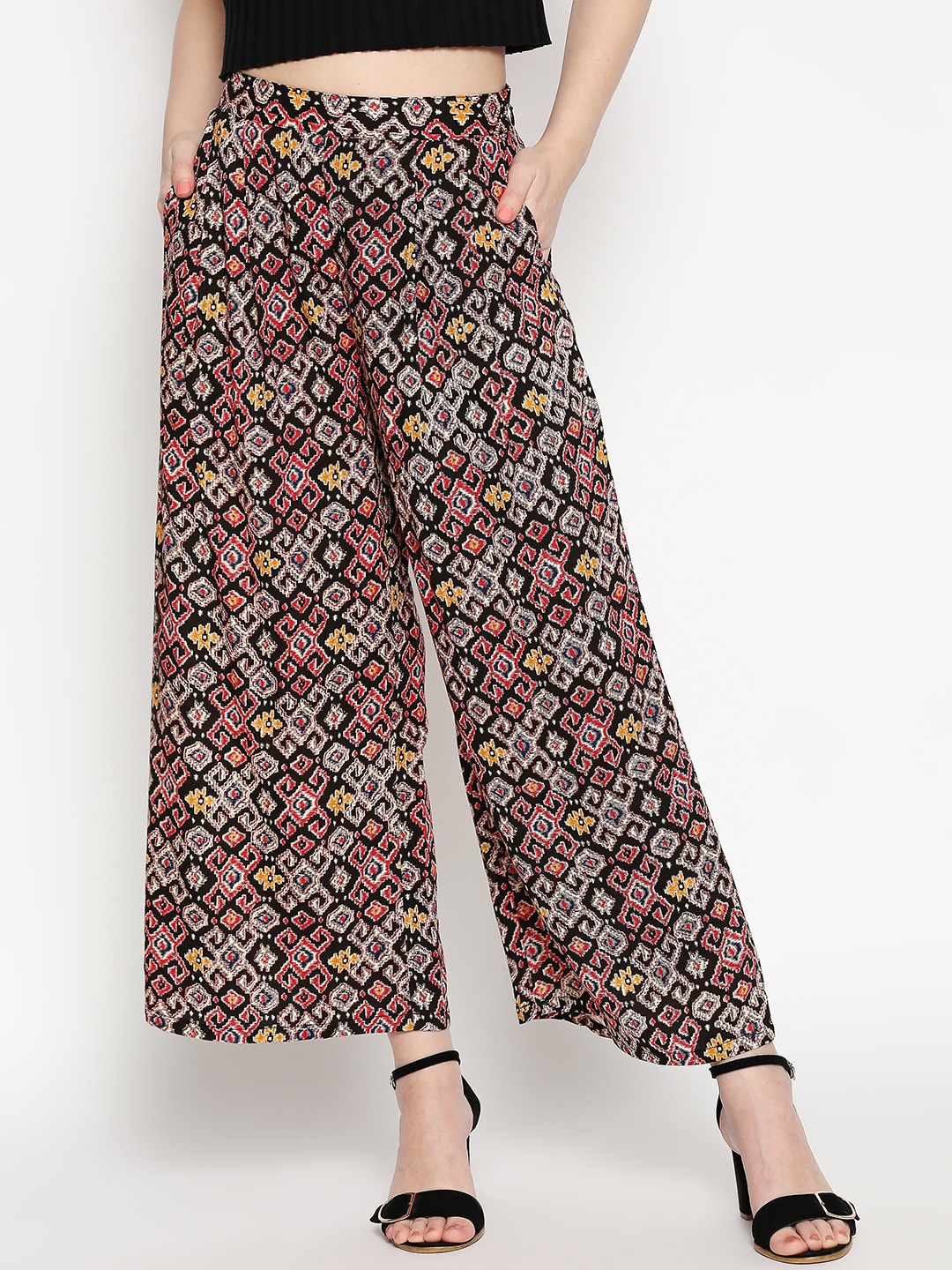 

People Women Black & Red Printed Flared Palazzos