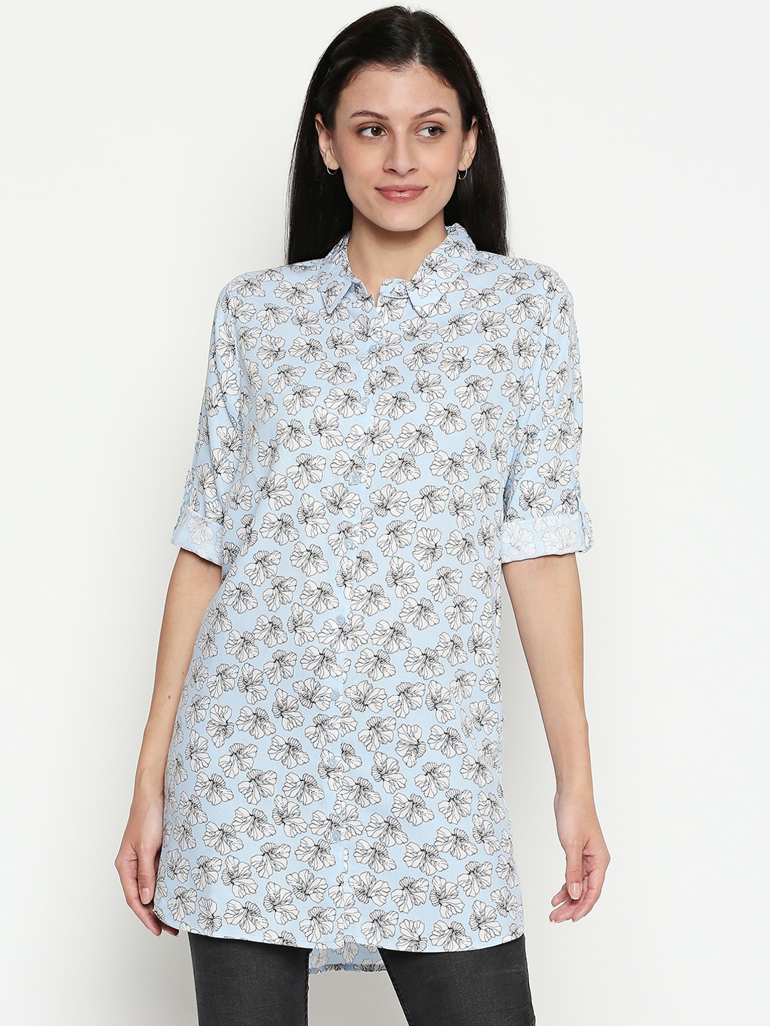 

People Women Blue Printed Shirt Style Top