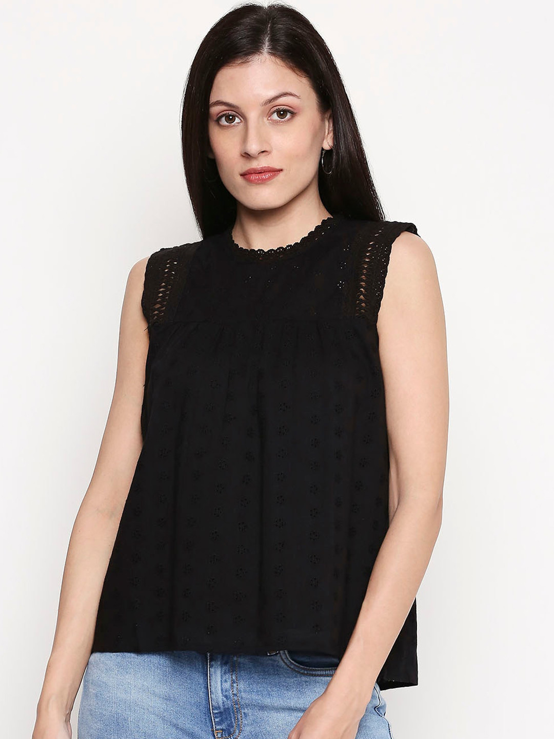 

People Women Black Self Design A-Line Top