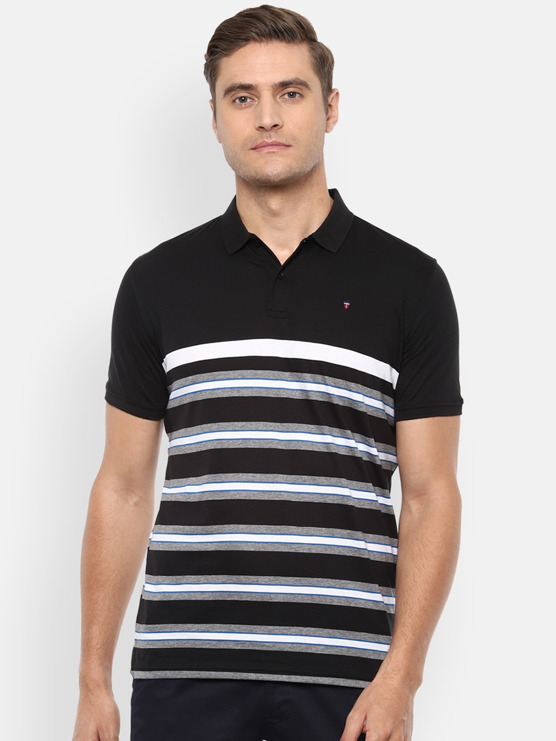 

Louis Philippe Sport Men Black White Striped Cotton Polo Collar Pure Cotton T-shirt