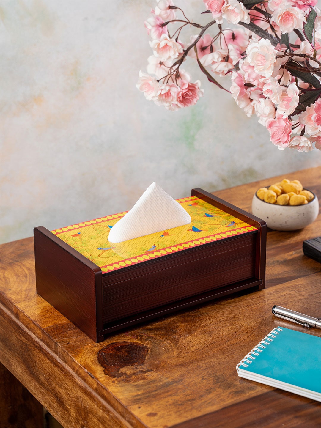 

KOLOROBIA Yellow & Blue Gond Art Inspired Tissue Holder