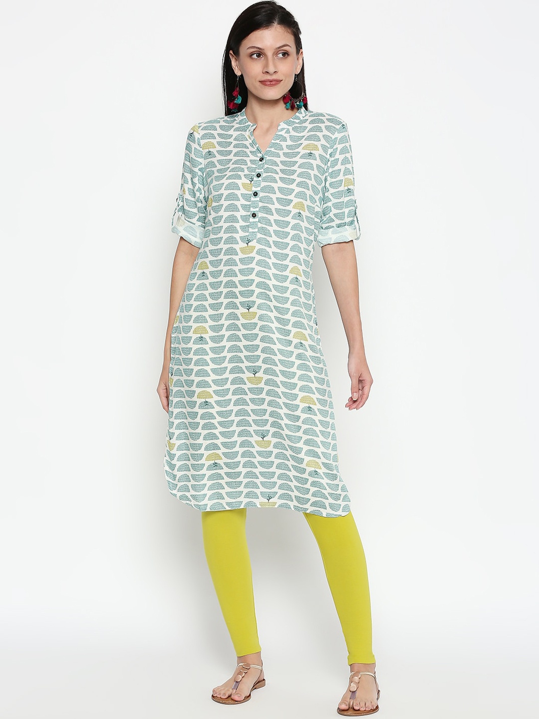 

RANGMANCH BY PANTALOONS Women Turquoise Blue & Off-White Printed A-Line Kurta
