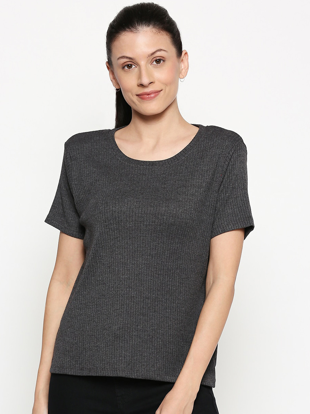 

People Women Grey Striped Pure Cotton Top