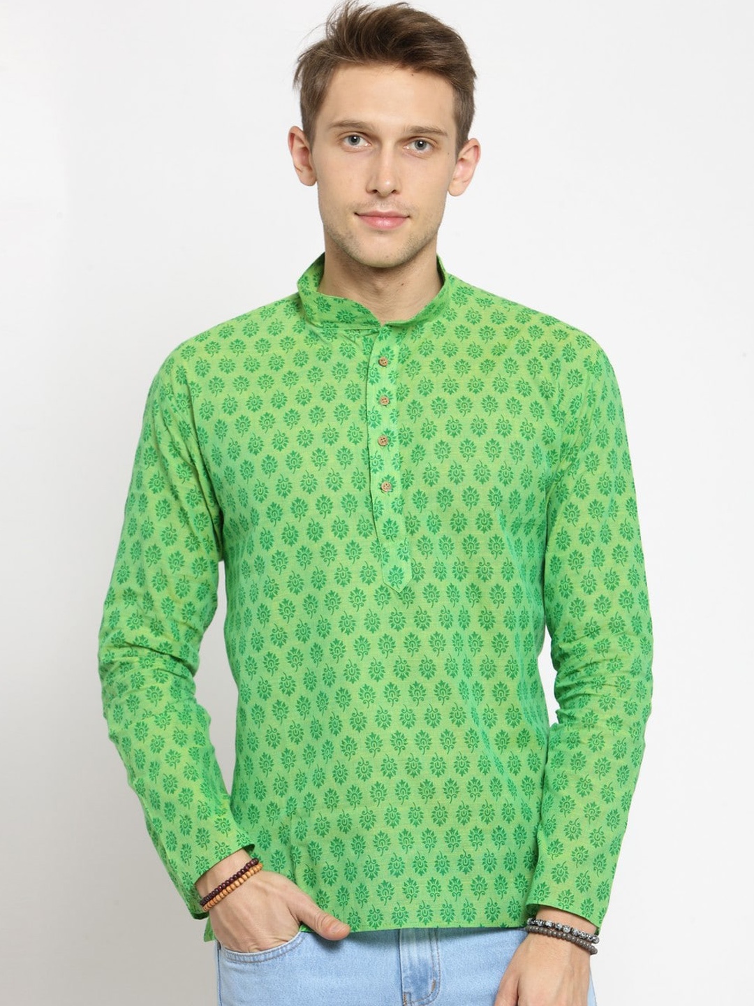 

RG DESIGNERS Men Green Printed Straight Kurta