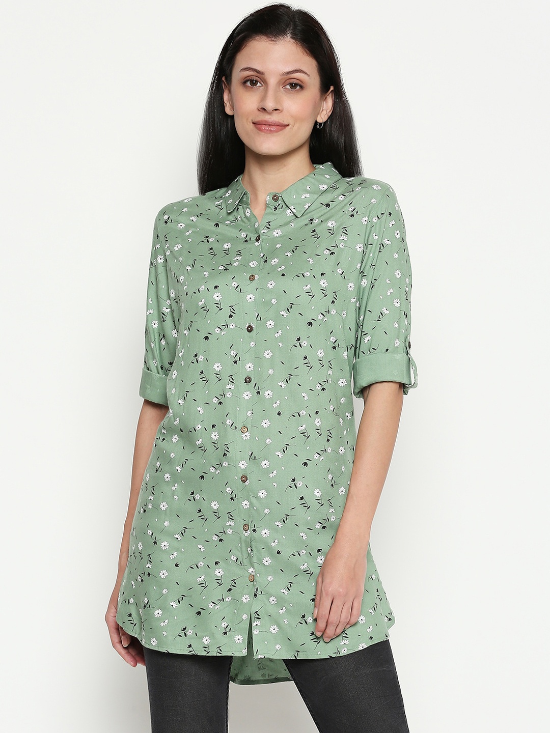 

People Women Olive Green Printed Shirt Style Top