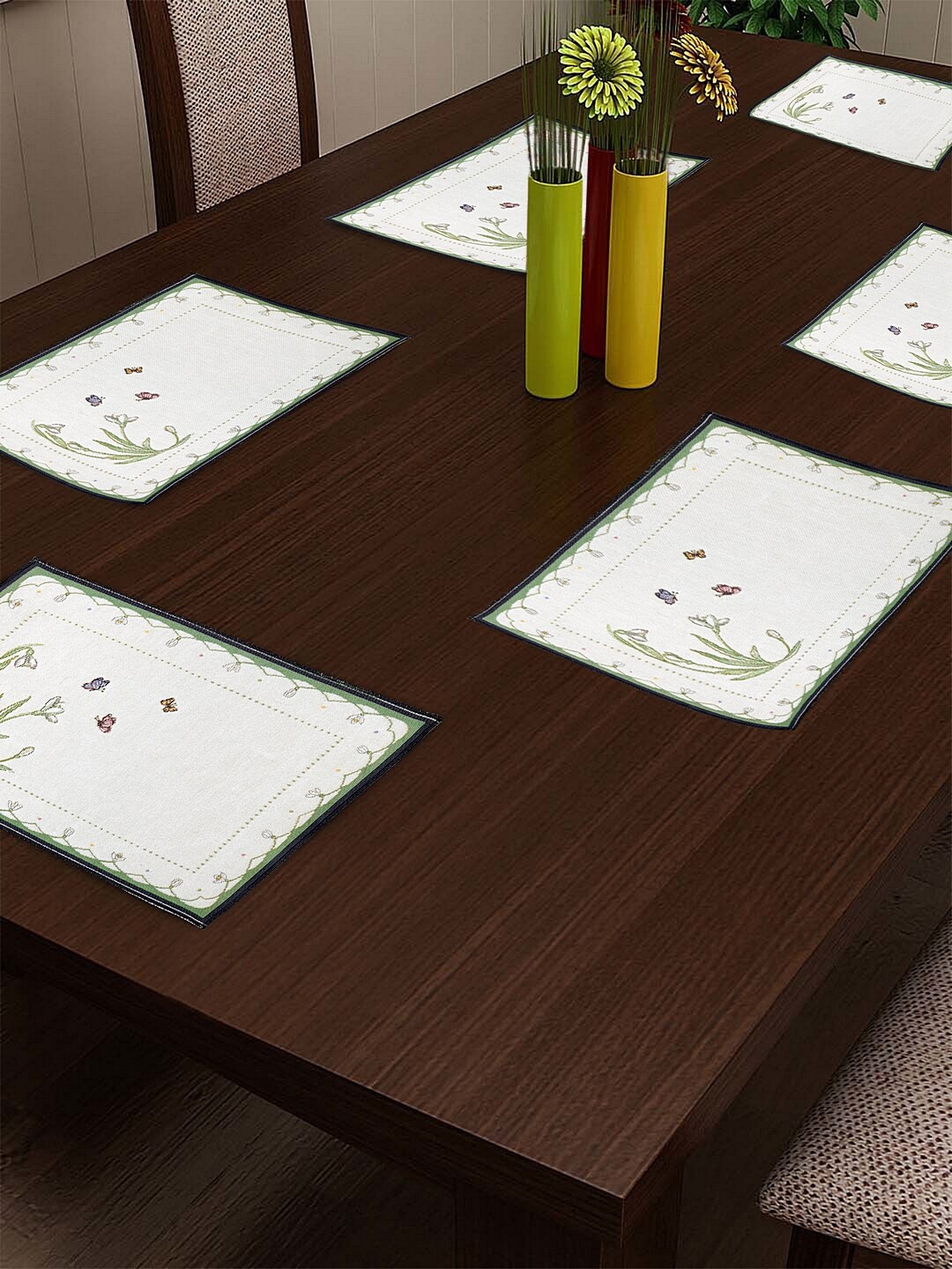 

KLOTTHE Set Of 6 White & Green Woven-Design Table Placemats